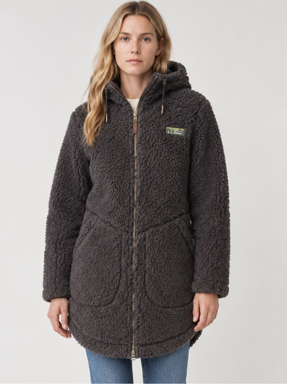 LL Bean Women's Mountain Pile Fleece Coat Sherpa Long Zip-Up Jacket Espresso S